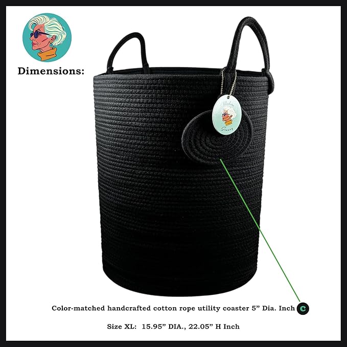 Modern Granny Extra Large Cotton Rope Laundry Hamper 16x22 Inch Dual Secure Woven Handle for Living Room Closet Clothes Blanket Organization