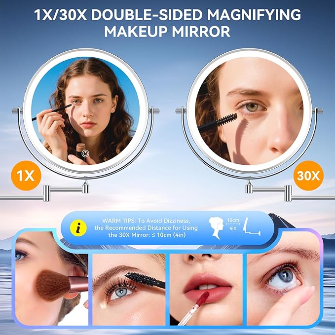 9'' 30X/1X Wall Mounted Lighted Makeup Mirror, 5000mAh Rechargeable Double-Sided Magnifying Mirror with Light, Bathroom Mirror Touch Dimmable 3 Colors 360° Rotation Extended Arm, Power Adapter