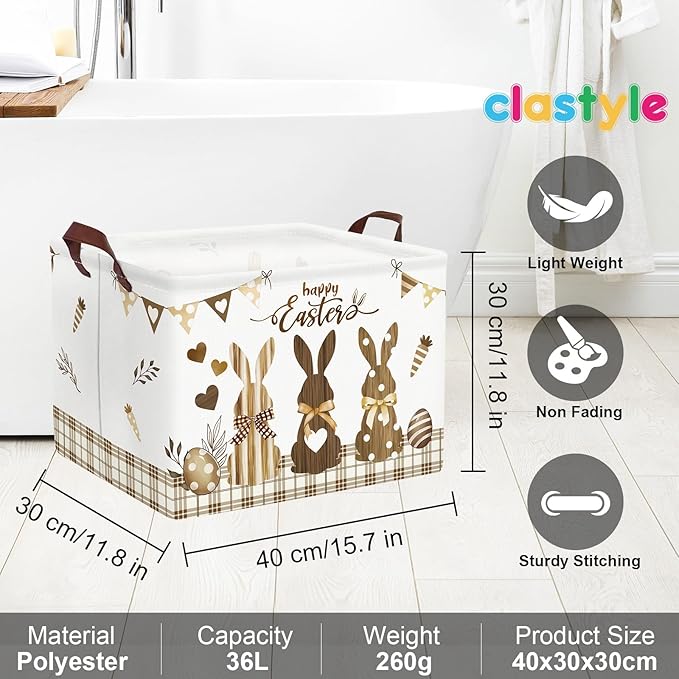 Clastyle Easter Rabbit Cross Kid Storage Basket Baby Laundry Hamper Boy Girl Gift Toy Box Collapsible Egg Clothes Organizer Nursery Bin for Bedroom, Brown, 40 * 30 * 30 cm