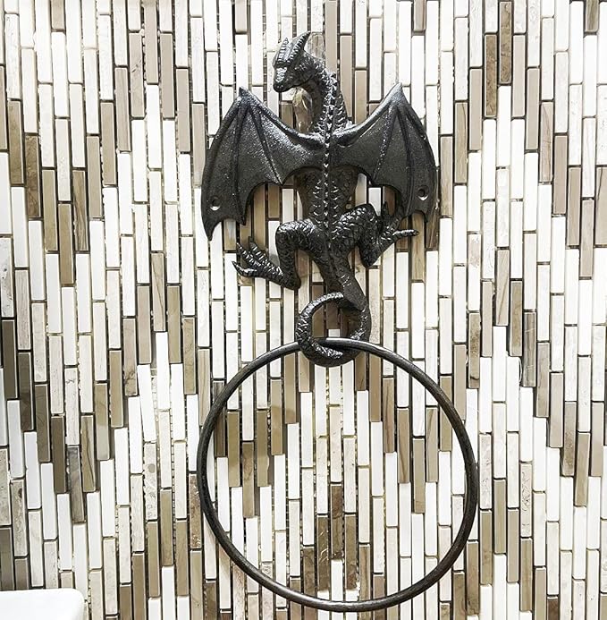 Cast Iron Gothic Dragon Towel Ring, Wall Mounted Medieval Accessories for Bathroom