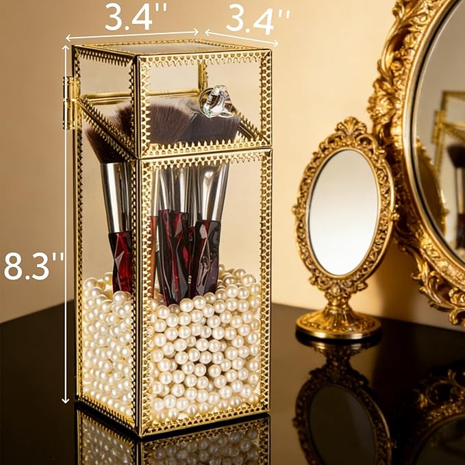 Pumtus Makeup Brush Holder Organizer with Lid, Glass Cosmetic Make Up Brushes Container, Clear Makeup Tool Storage Box Cup with Pearls, Vintage Dustproof Vanity Decor for Countertop Desktop