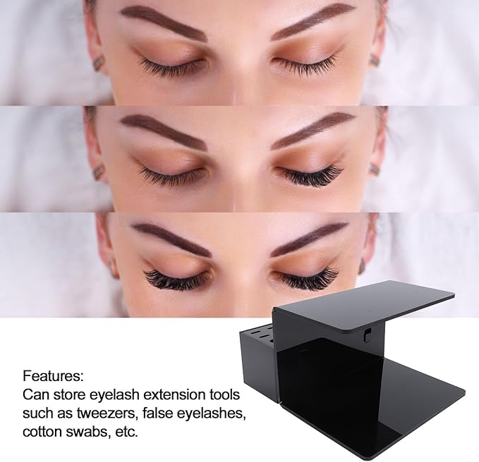 Asixxsix Eyelash Grafting Pillow Stand, Acrylic Eyelash Pillow Rack with Tape Dispenser Cutter, Warm Lash Extension Makeup Tool Display Cabinet Shelves, for Eyelash Salons (Black)