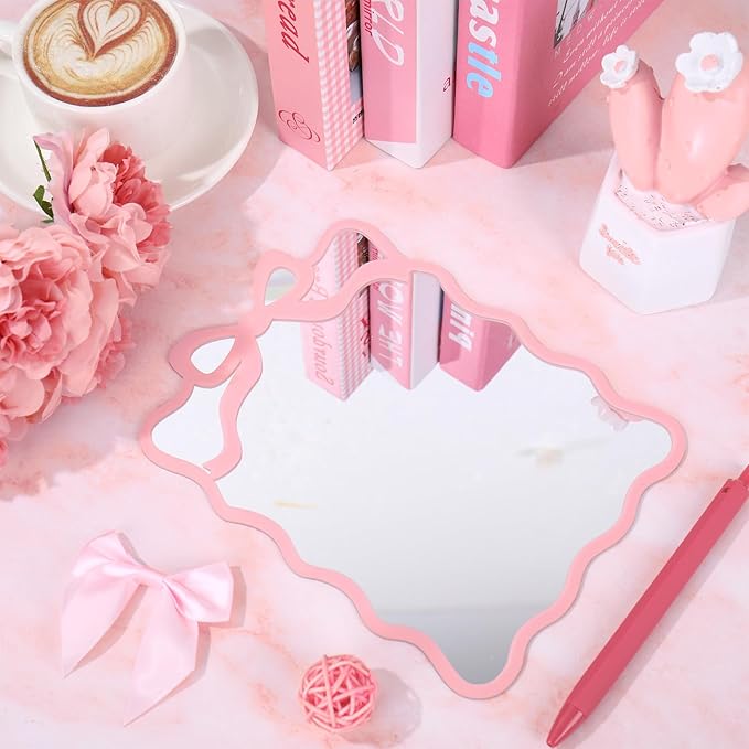 FYSUIMU Pink Bow Locker Mirror 5.5 x 7.5 Inch Small Acrylic Wall Mirror with Adhesive Backing Scalloped Coquette Bowknot Makeup Mirrors Cute Lockers Decoration for Women Girls Dorm Office School