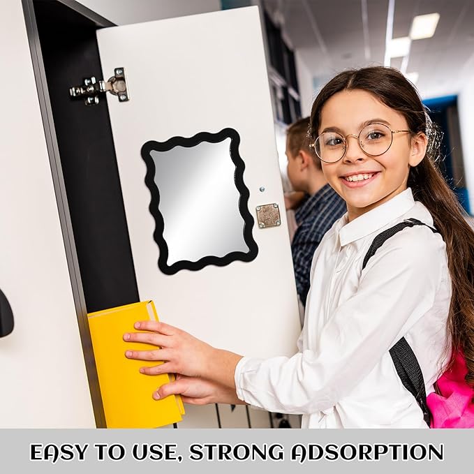 Leinuosen 1 Pcs Scalloped Magnetic Locker Mirror Small Real Glass Makeup Mirror with Magnetic Backing Cute Locker Decorations for Office Cabinet Lockers Accessories (5 x 7 Inch,Black)