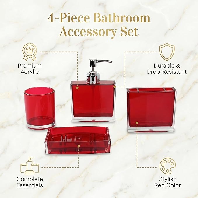 Bathroom Accessories Set, Acrylic Bathroom Accessory Set with Soap Dispenser,Soap Dish, Toothbrush Holder, Tumbler, Modern Bathroom Accessories Decor,Gift for Home (Red-4)