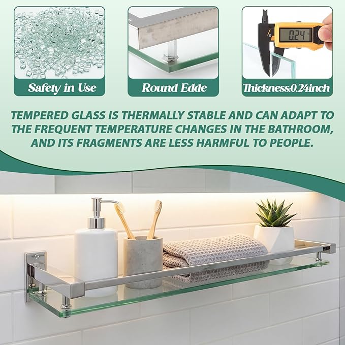 3 Pack 20 Inch Glass Bathroom Shelves for Wall, Wall Mount Glass Shelves with Stainless Steel Rail, Modern Floating Bathroom Shelf Organizer, Rectangular Room Decor for Sink, Over Toilet