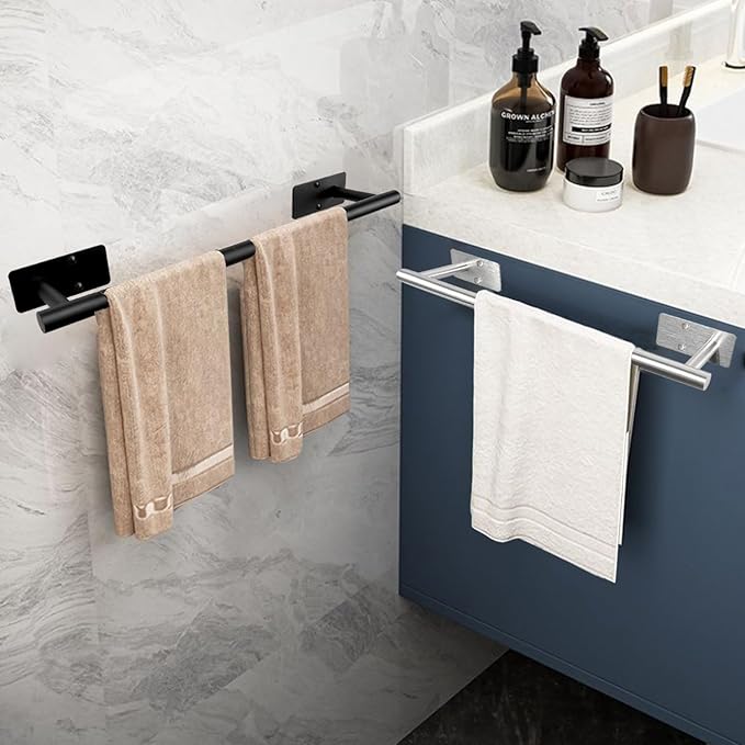 Self Adhesive Bath Towel Bar, Stainless Steel Towel Racks for Bathroom Sticky & Wall Mounted Install Towel Holder, Heavy Duty Towel Rod Rustproof Towel Hanger for Bathroom(Matte Black,16In)