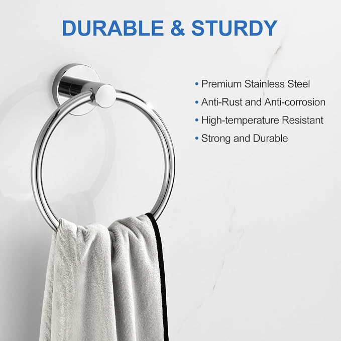 RUMOSE Polished Chrome Bath Towel Ring Heavy Duty Round Hand Towel Holder Hanger for Bathroom & Kitchen, Stainless Steel Drill Free with Glue or Wall Mounted with Screws