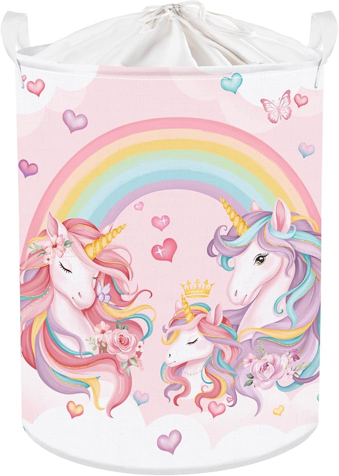 Clastyle 45L Large Pink Unicorn Rainbow Kid Laundry Hamper for Girl Collapsible Heart Butterfly Clothes Toy Nursery Storage Basket with Lid