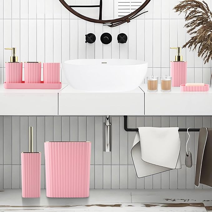 XLHOMO Pink Bathroom Accessories Set - Gorgeous Bathroom Set, 10PC Bathroom Accessory Set, Toilet Brush, Trash Can, Qtip Holder & Soap Dispenser