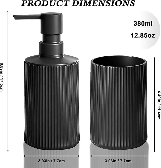 Bathroom Set Accessories, Black Plastic Soap Dispenser and Toothbrush Holder, 2-Piece Bathroom Counter Set for Modern Decor.