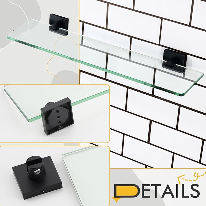 KOKOSIRI Bathroom Shelves Wall Mounted Tempered Glass Floating Shelf 20-Inch Kitchen Hanging Rack Shower Storage, Matte Black Stainless Steel B1107BK-L20
