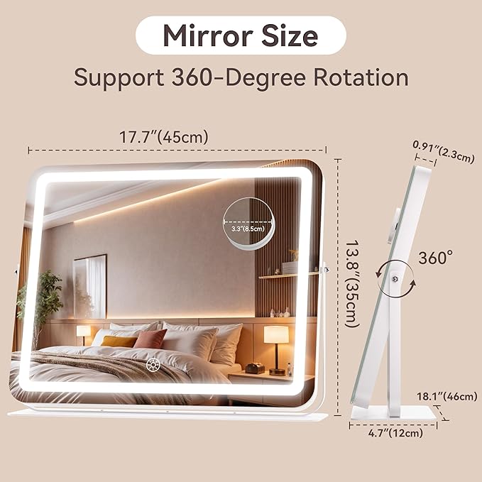 MINISO Vanity Mirror with Lights, 18" x 14" LED Makeup Mirror, Light & Brightness Adjustment, Smart Sensor, 360°Rotation, Aluminum Alloy Metal White Frame, with 10X Magnifying Glass