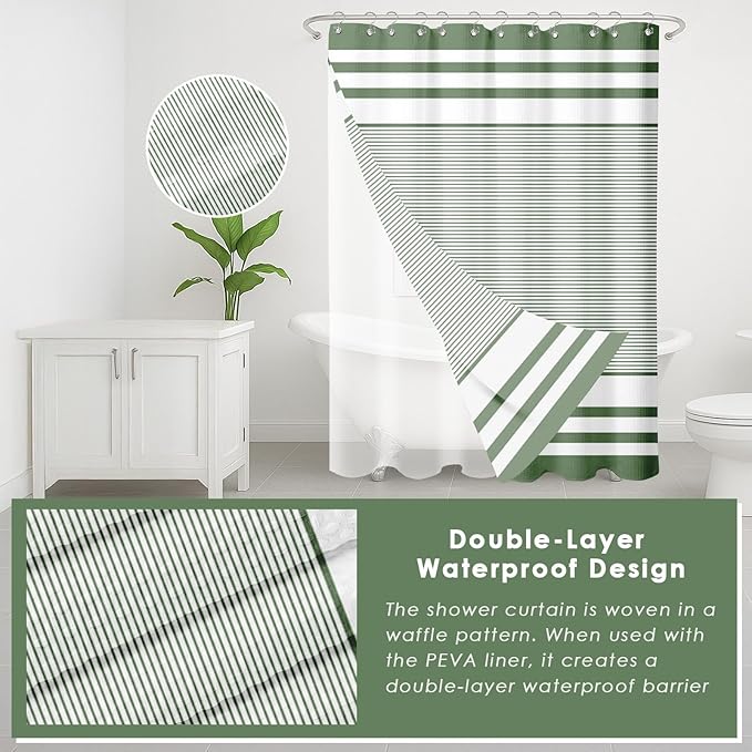 Britimes Sage Green Bathroom Sets with Shower Curtain and Rugs, Minimalist Geometric Modern Striped Waterproof Shower Curtain Liner and Soft Non Slip Bath Mat for Bathroom Decor and Accessories Hooks