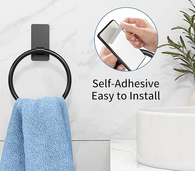 Adhesive Towel Holder, Hand Towel Holder for Bathroom, Self Adhesive Hand Towel Rings, Black, 2 Pack