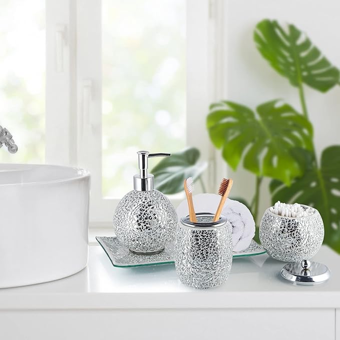 Mosaic Glass Bathroom Accessories Set, Modern Luxury Bath Ensemble, Includes Soap Dispenser & Cotton Swab Jar & Toothbrush Holder & Vanity Tray (Shiny Silver)