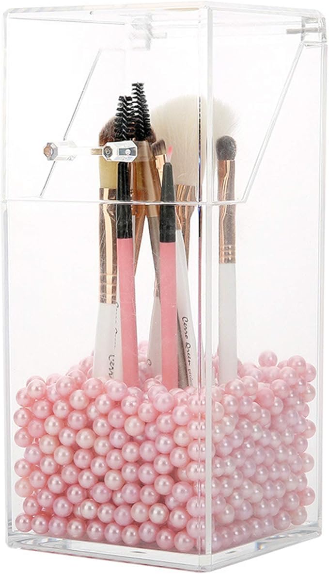 Makeup Brush Holder With Lid Cosmetic Brush Organizer Display Case Dustproof Cosmetics Brush Storage Container with Free Pearls