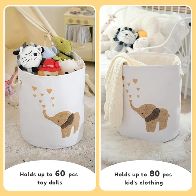 INough Baby Laundry Basket Laundry Hamper, Canvas 58L XL Baby Clothes Basket, Collapsible Brown Laundry Basket for Nursery Toy Baskets with Drawstring Closure, KidsRoom Decor for Boys