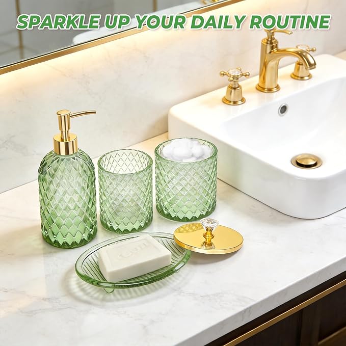 Jenseits Emerald Green Glass Bathroom Set 4 Piece - Luxury Diamond Textured Bathroom Accessories - Soap Dispenser, Vanity Tray, Toothbrush Holder, Apothecary Jar - Boho Style Home Decor