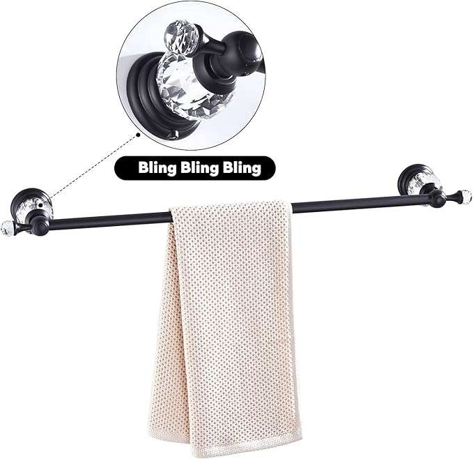 Leyden Crystal Bathroom Hardware,Matte Black Adjustable 24 Inch Towel Bar Toilet Paper Holder Towel Ring Coat Hooks 4 Pieces Wall Mounted