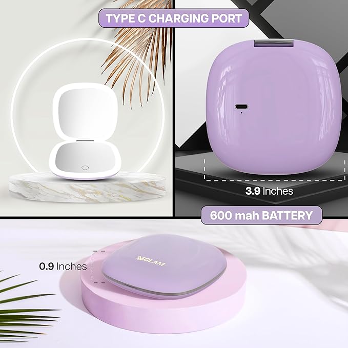 Lighted Makeup Mirror for Women, Portable, LED Light, USB Charging, auto on/Off, 1x/10x Magnification and 3 Light Color Settings, dimmable (Lavender)