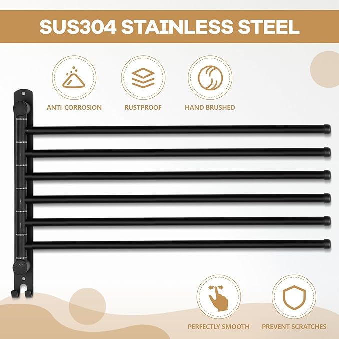 Teenyyou Swivel Towel Rack 20.4 Inches 304 Stainless Steel 6 Arms Bathroom Towel Rack Hanger Space Saving Pool Holder Wall Mounted Swivel Bar with Hook, Matte Black