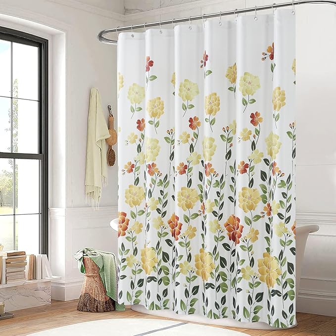 Fabric Floral Shower Curtain, Yellow Orange Green Flower Shower Curtains for Bathroom, Waterproof Bathroom Curtains, 72" W x 72" H