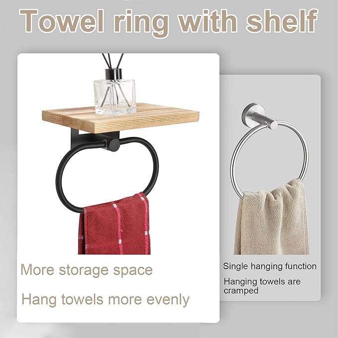 TocTen Hand Towel Holder for Bathroom Wall Mount Towel Ring with Wooden Shelf, Premium Metal Hand Towel Rack, Bathroom Accessories Rustic Hand Towel Hanger for Bathroom Kitchen RV(Matte Black)