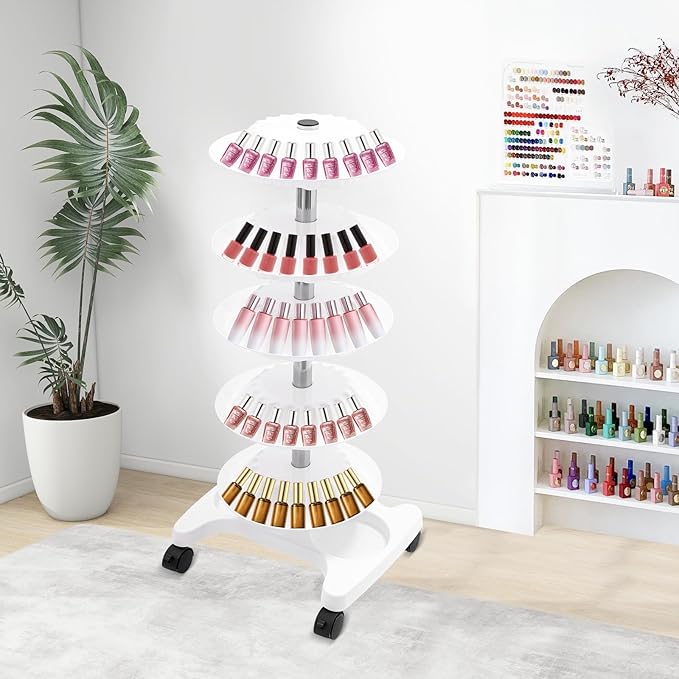 5 Tiers Nail Polish Trolley Display Organizer, 360 Rotating Nail Polish Rack Holder with Wheels, Up to 120, Rotating Essential Oil Display Stand for Home Spa Business Salon, White