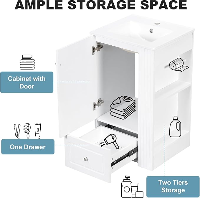 Virubi 20 in Small Bathroom Vanity with Sink,Drawer,Doors and Side Storage & Toilet Paper Holder, Solid Wood & MDF Modern Single Bathroom Sink Cabinet with Drawers,Freestanding (White,20 in)