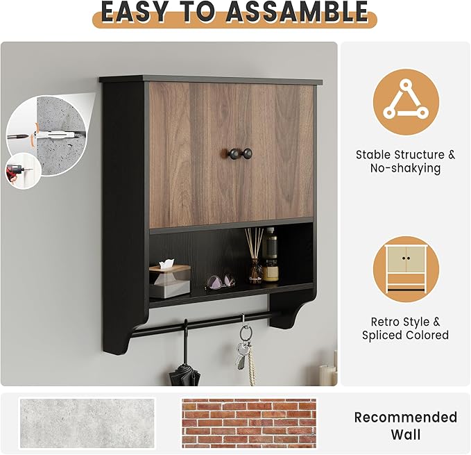 Bathroom Wall Cabinets, Medicine Cabinet with Open Partition and Towel Bar for Bathroom, Living Room, Kitchen, Black & Walnut