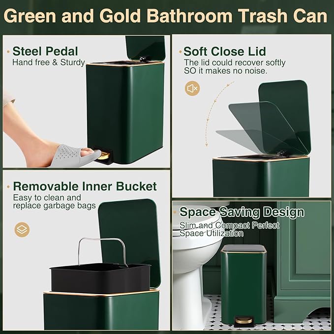 XLHOMO Bathroom Set Bathroom Accessories Set 8 Piece Green and Gold Bathroom Set, Bathroom Sets with Stainless Steel Trash Can,Toilet Brush,Toothbrush Set,Soap Dispenser