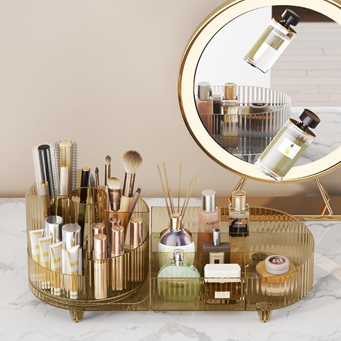 Roating Makeup Organizer for Vanity, Large Capacity Cosmetic Display Case, Clear Acrylic Countertop Beauty Storage Holder for Skincare, Brush Eyeshadow Lipstick, Counter Desk, Crystal Amber
