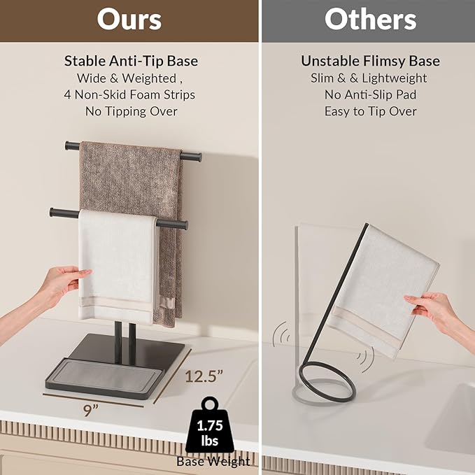 NADAMOO Towel Holder Stand, Adjustable Height 13.8"-24" Freestanding Double Bar Towel Rack with Stone Drying Tray, Wide Weighted Base, Rustproof Black Metal, for Bathroom, Kitchen Countertop