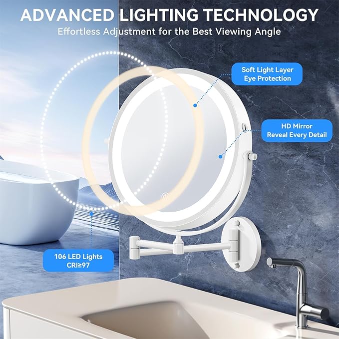 9'' 30X/1X Wall Mounted Lighted Makeup Mirror, 5000mAh Rechargeable Double-Sided Magnifying Mirror with Light, Bathroom Mirror Touch Dimmable 3 Colors 360° Rotation Extended Arm, Power Adapter
