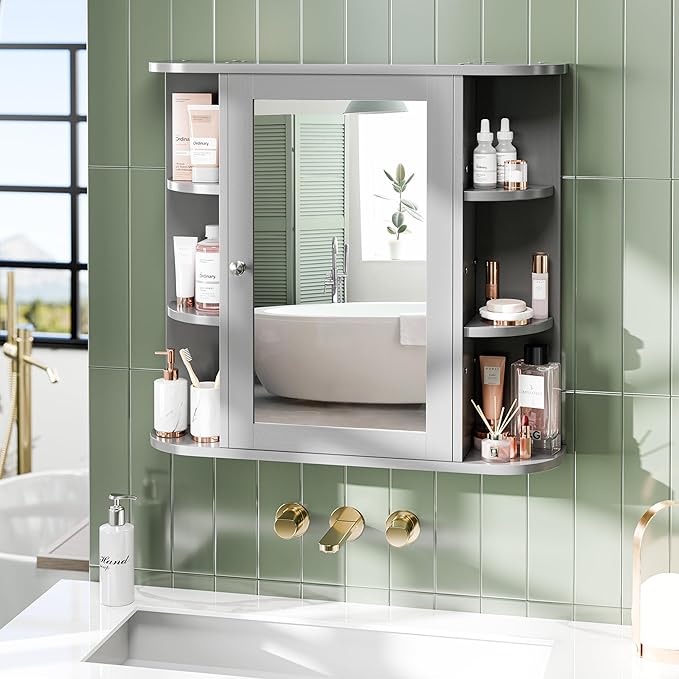 Meilocar Bathroom Mirror Cabinet Wall Mounted, Medicine Cabinet with Mirror and 6 Open Shelves, Modern Bathroom Wall Cabinets Medicine Cabinets, Grey