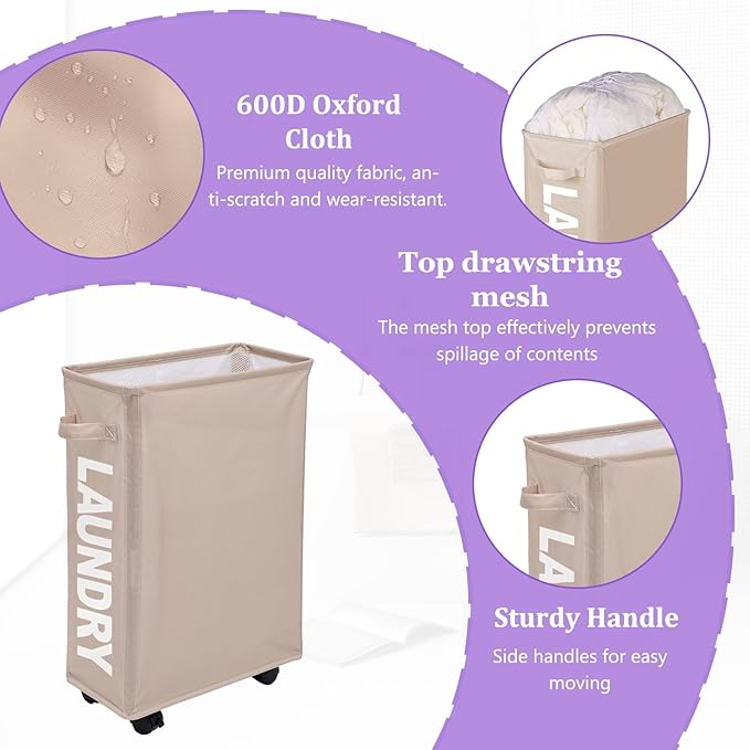 Slim Rolling Laundry Hamper with Wheels, 42L Collapsible Narrow Laundry Basket with Drawstring Mesh Cover, Foldable Dirty Clothes Organizer for Bathroom, Dorm, Small Spaces, Khaki