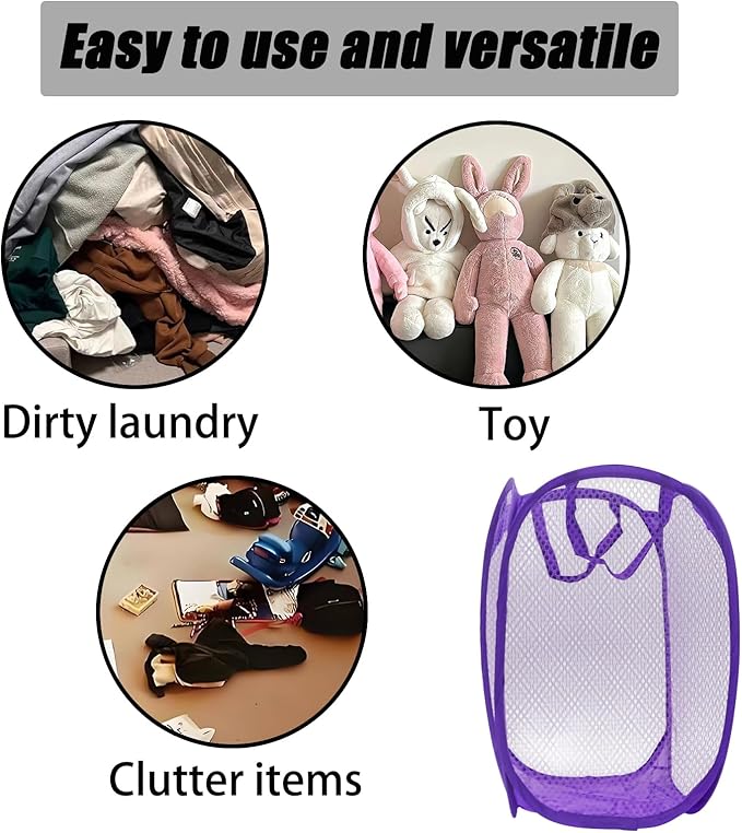 2Pcs Popup Mesh Laundry Baskets, Collapsible and Portable Laundry Hamper, Ideal for Travel and Home Use (Purple & Blue)