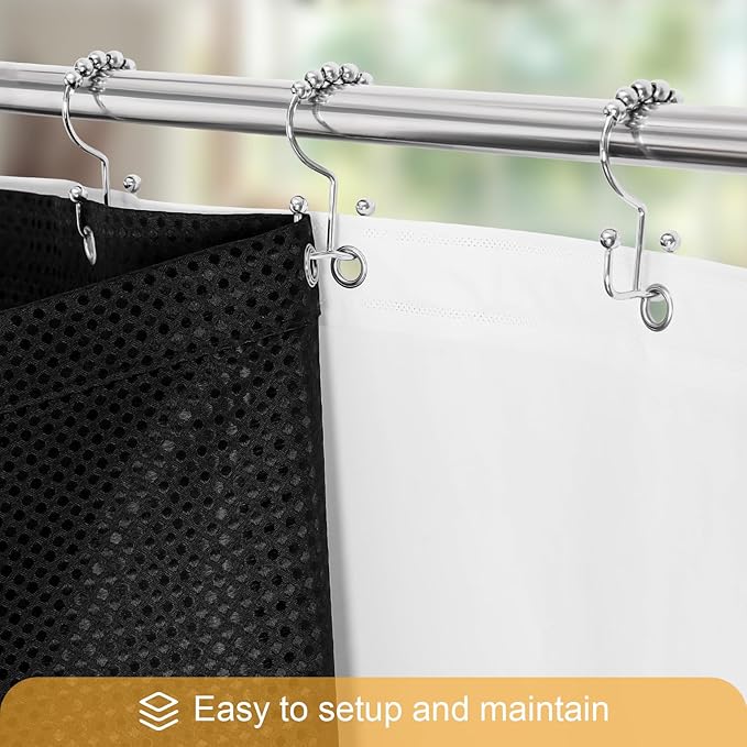 Gibelle 3 in 1 Black Waffle Shower Curtain Set 72x72, Luxury Weighted Fabric Shower Curtain with PEVA Liner, 12 Stainless Steel Double-Sided Hooks, Water Repellent, Bathroom Decor