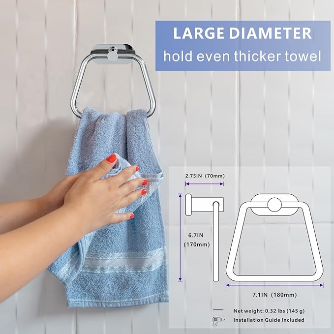 Self-Adhesive Towel Ring, Bathroom Hardware Accessories, 304 Stainless Steel Hand Towel Holder for Bathroom and Kitchen, Ladder Towel Hook, No Drill Installation Wall Mount (Chrome)