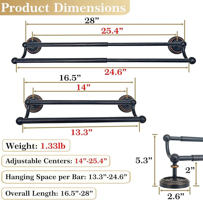 Brass Double Towel Bar, Adjustable Antique Black Towel Racks for Bathroom Wall Mounted Fits 14-25.4 Inch Centers, Heavy Duty Rustproof Bathroom Towel Rod Holder for Kitchen, Laundry Room, Hotel