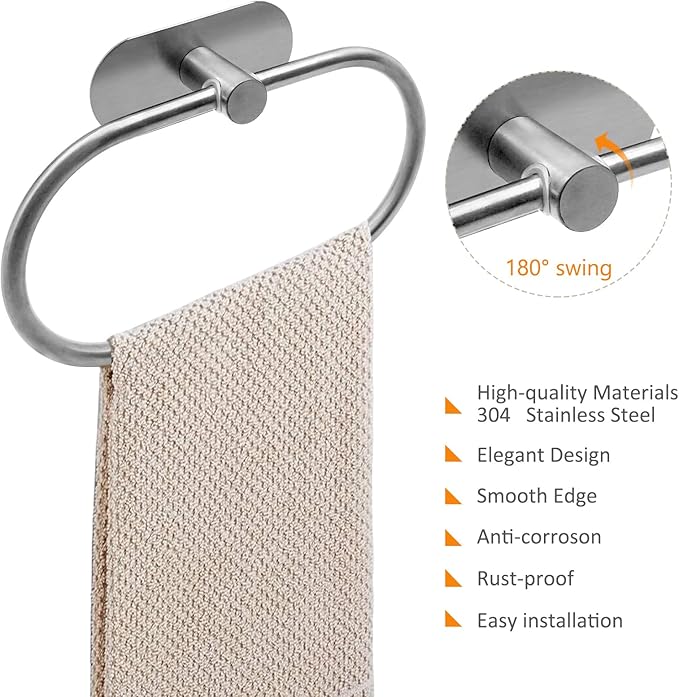 Self Adhesive Towel Ring, Brushed Nickel Adhesive Hand Towel Holder Stainless Steel Oval Hand Towel Ring No Drilling Modern Hand Towel Hanger for Bathroom Kitchen Accessories
