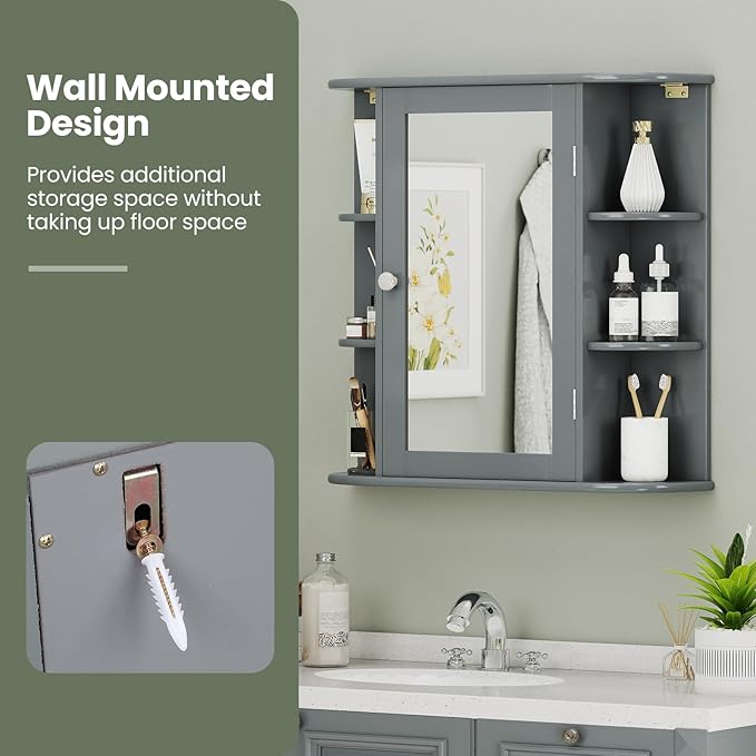 Giantex Bathroom Mirror Cabinet, Wall Mounted Medicine Cabinet with Mirrored Door & 4 Interior Shelves, 6 Open Shelves, Mounting Hardware, Space-Saving Storage Cabinet