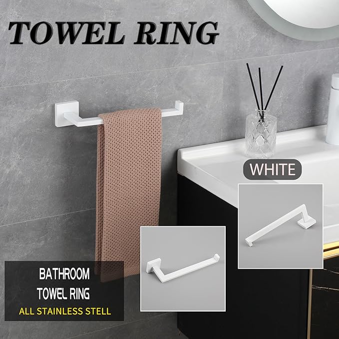 GERZWY Bathroom Towel Holder Stainless Steel Towel Hanger Towel Ring Wall Mount, White
