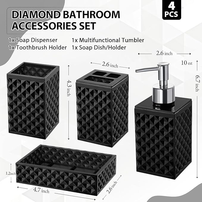 RYTOXILO Black Bathroom Accessories Set, 4 Pack Matte Black Bath Accessory Sets Complete, Acrylic Soap Dispenser and Toothbrush Holder Set for Bathroom Counter Sink, Modern Bathroom Decor