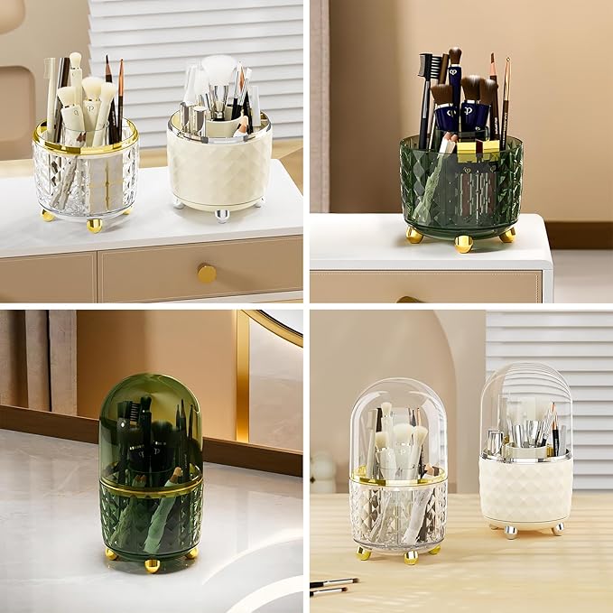 DASITON Makeup Brush Holder Organizer,360°Rotating Makeup Organizer and Storage,Spinning Cosmetic Organizer Pen Holder,Makeup Brushes Holder for Vanity Desktop Bathroom Countertop(Cream 01)