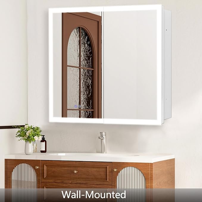 Medicine Cabinet with Led, 26X32 Inch Lighted Medicine Cabinet with Anti-Fog Mirror, 3 Glass Shelves, Dimmable LED, Recessed or Surface Mount Bathroom Smart Mirror Cabinet