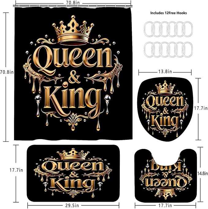 AZHM Golden Crown Print Shower Curtain Set Black Luxury Bathroom Accessories Sets with Shower Curtain and Rugs