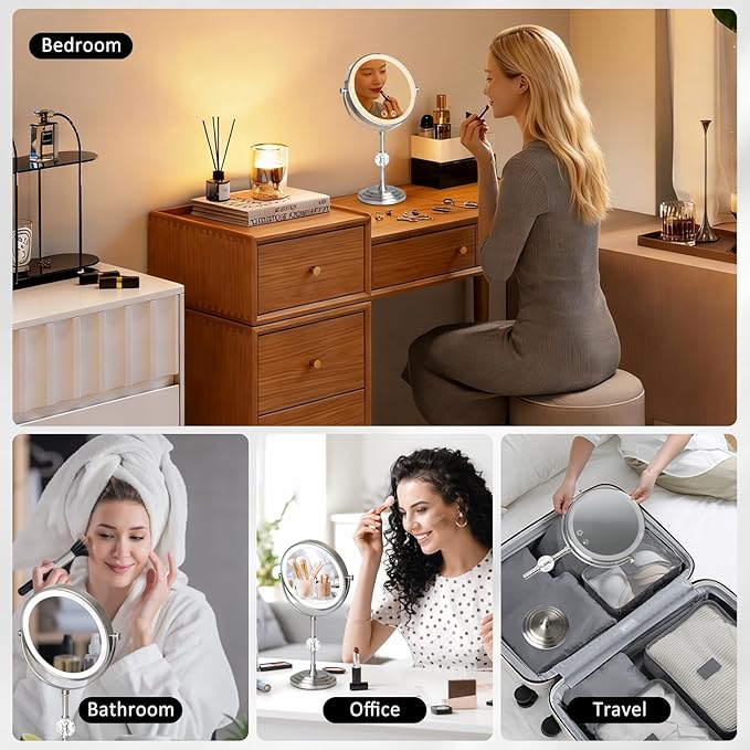 Lighted Makeup Mirror,4000mAh Rechargeable Double Sided Magnifying Mirror 1x/10x with 3 ColorsStepless Dimming, 360° Rotation Vanity Mirror with Lights, Memory Function,Nickel