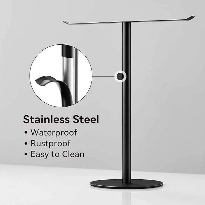 Black Hand Towel Holder Stand ?€? Countertop T-Shaped Stainless Steel Towel Rack with Non-Slip Base for Vanity and Kitchen